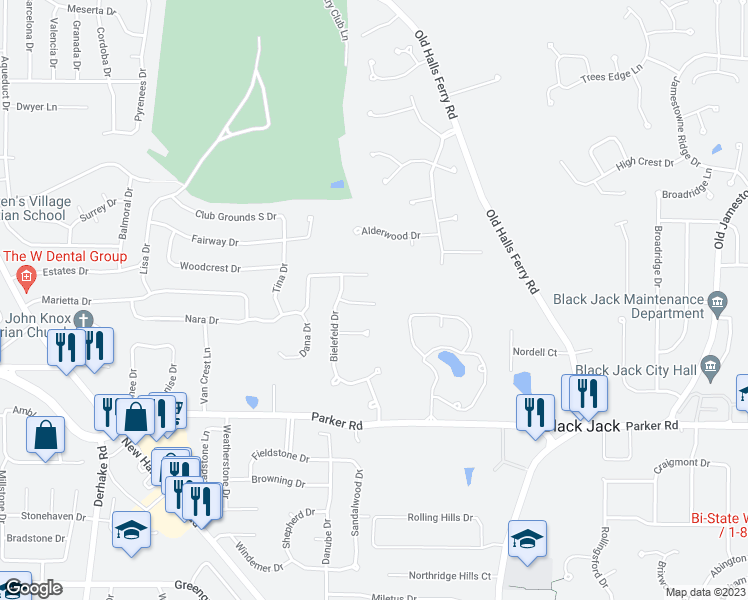 map of restaurants, bars, coffee shops, grocery stores, and more near 23 Wild Ridge Manor Court in Florissant