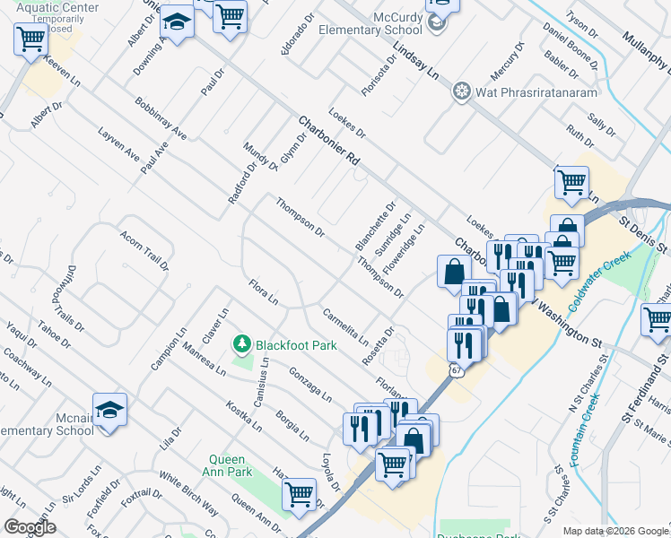 map of restaurants, bars, coffee shops, grocery stores, and more near 925 Keeven Lane in Florissant