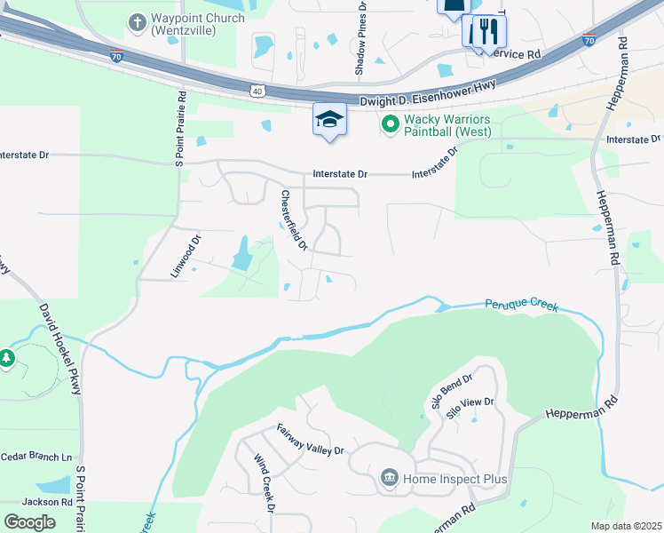 map of restaurants, bars, coffee shops, grocery stores, and more near 615 Fair Bluff Drive in Wentzville