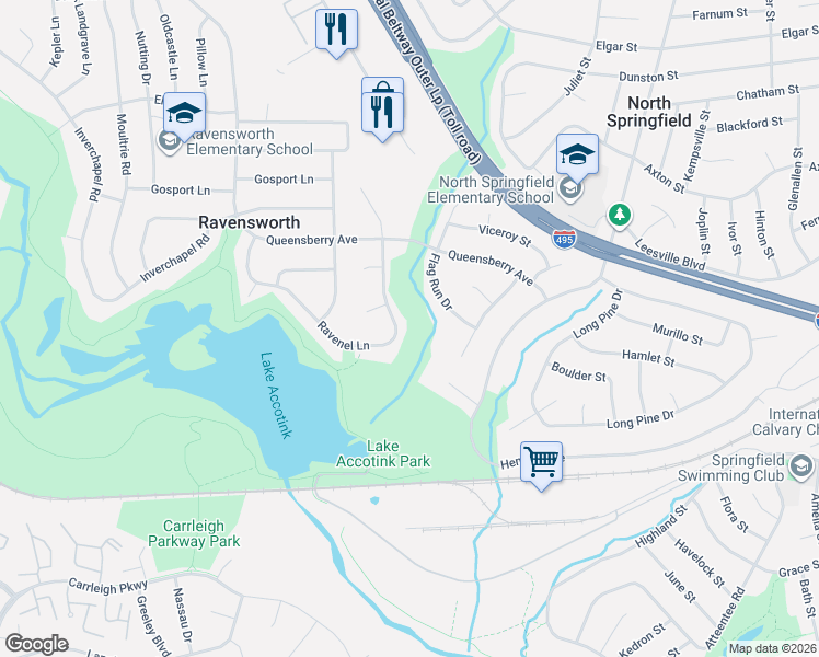 map of restaurants, bars, coffee shops, grocery stores, and more near 5623 Ravenel Lane in Springfield