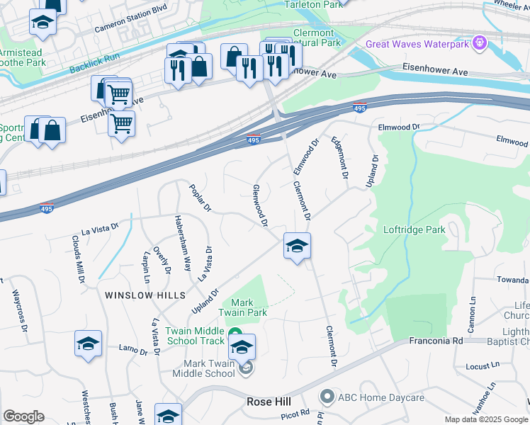 map of restaurants, bars, coffee shops, grocery stores, and more near 5647 Glenwood Drive in Alexandria