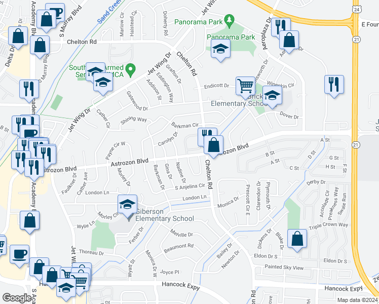 map of restaurants, bars, coffee shops, grocery stores, and more near 4511 Lamplighter Circle in Colorado Springs