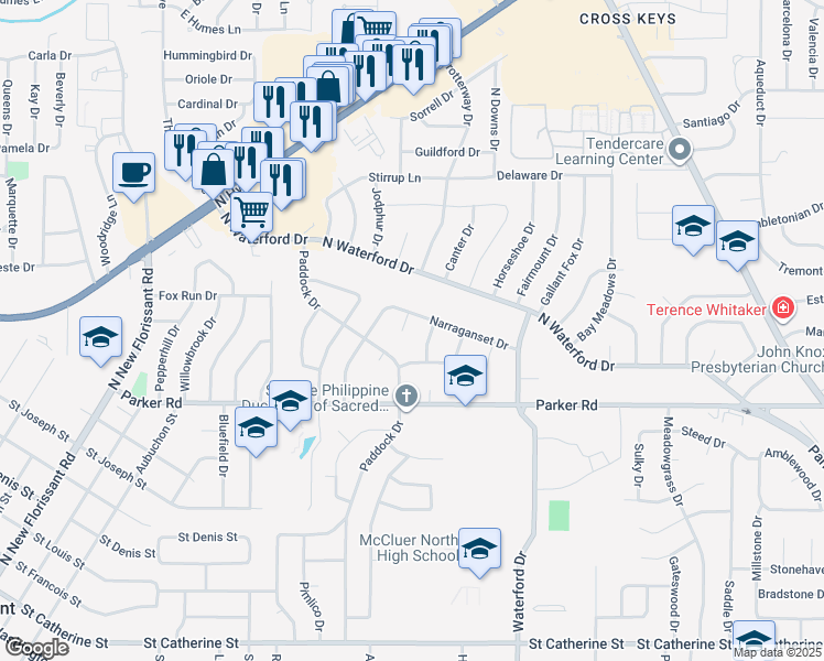 map of restaurants, bars, coffee shops, grocery stores, and more near 4 Count Fleet Circle in Florissant