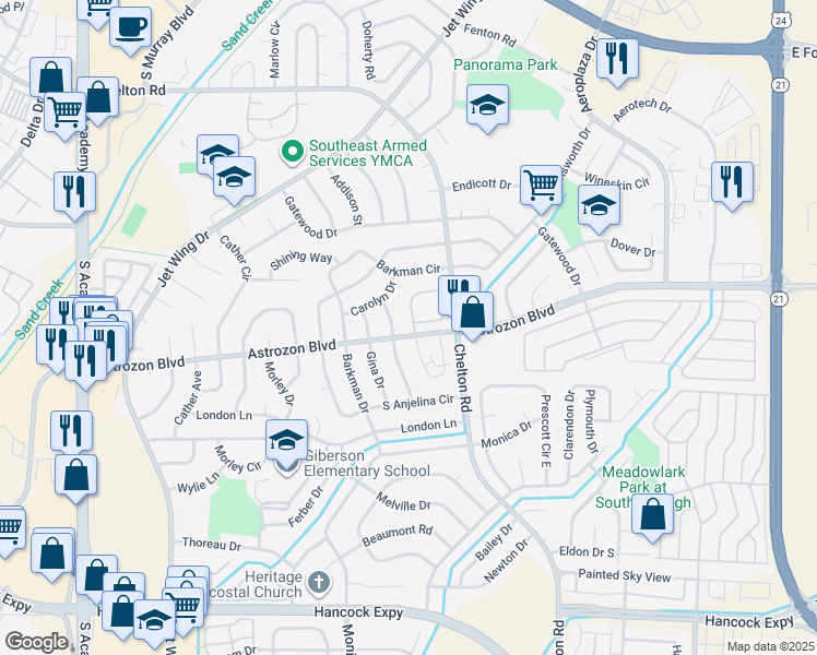 map of restaurants, bars, coffee shops, grocery stores, and more near 2455 Nadine Drive in Colorado Springs