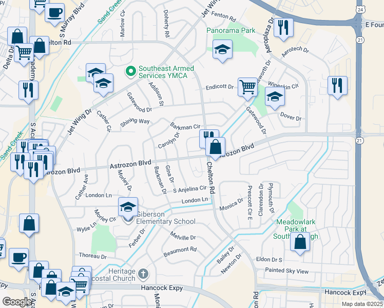 map of restaurants, bars, coffee shops, grocery stores, and more near 4513 Lamplighter Circle in Colorado Springs