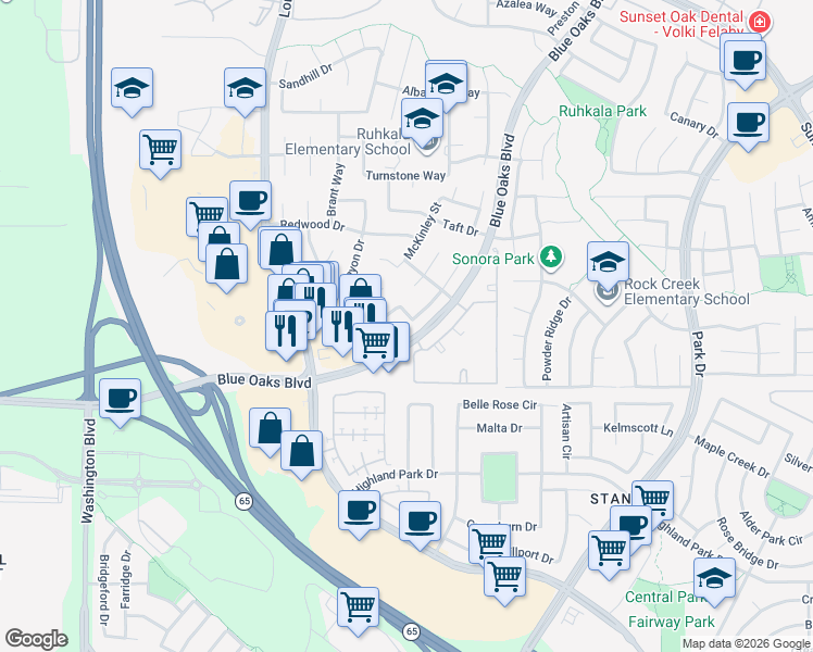 map of restaurants, bars, coffee shops, grocery stores, and more near 6619 Escallonia Way in Rocklin