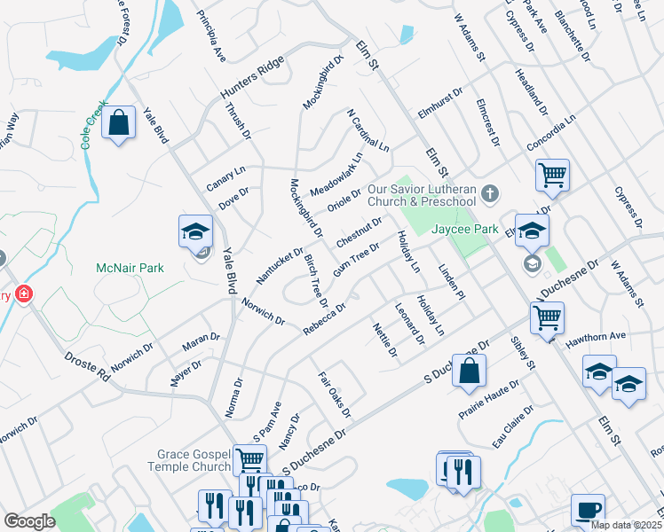 map of restaurants, bars, coffee shops, grocery stores, and more near 2801 Mockingbird Drive in Saint Charles