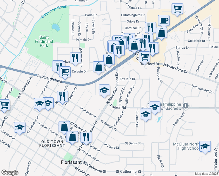 map of restaurants, bars, coffee shops, grocery stores, and more near 1425 North New Florissant Road in Florissant