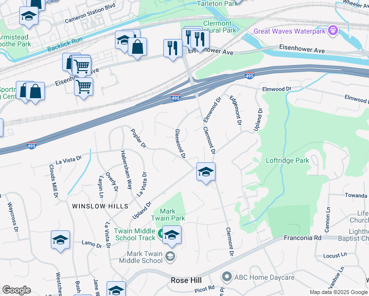 map of restaurants, bars, coffee shops, grocery stores, and more near 5647 Glenwood Drive in Alexandria