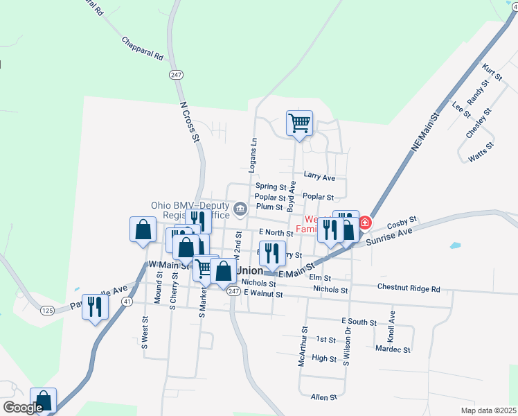 map of restaurants, bars, coffee shops, grocery stores, and more near 419 Plum Street in West Union