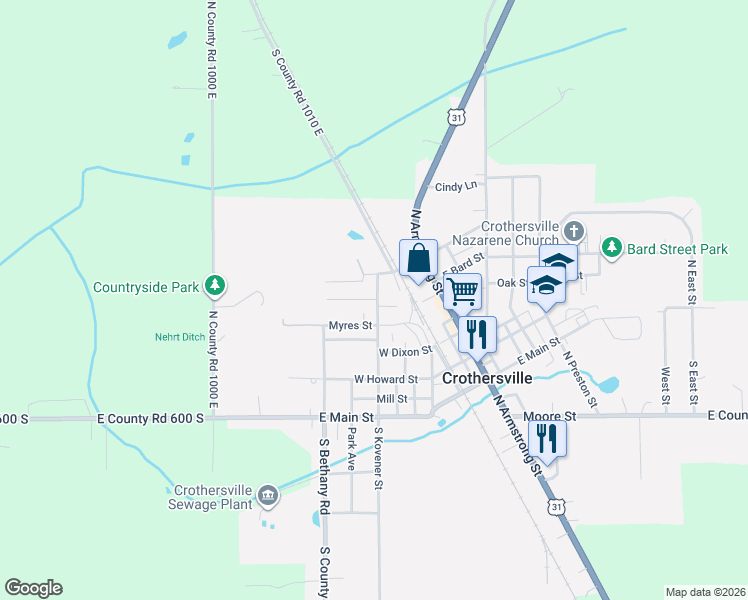 map of restaurants, bars, coffee shops, grocery stores, and more near 201 West Bard Street in Crothersville