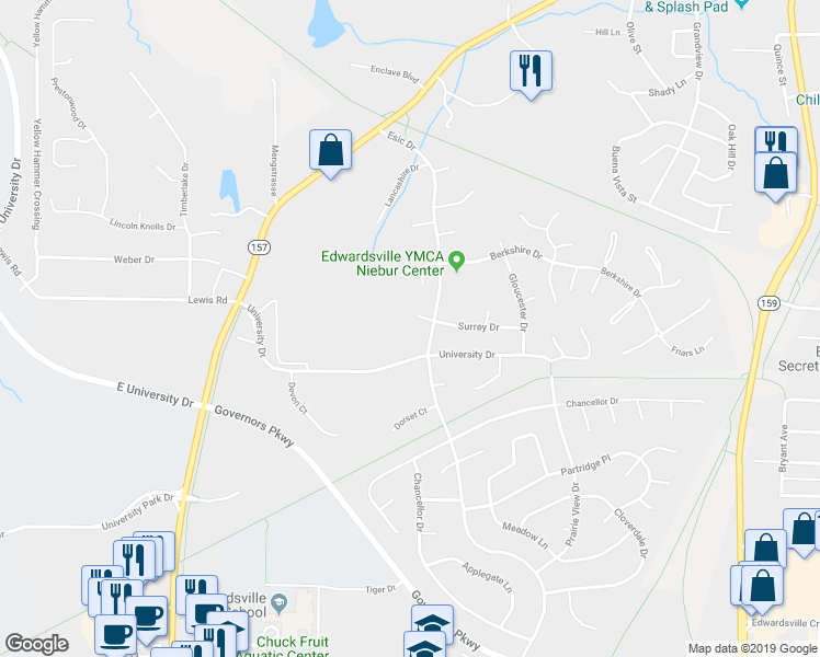 map of restaurants, bars, coffee shops, grocery stores, and more near 10 Pine Hollow Court in Edwardsville