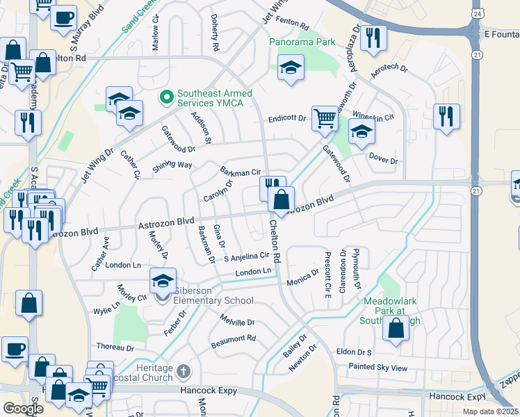 map of restaurants, bars, coffee shops, grocery stores, and more near 4531 Lamplighter Circle in Colorado Springs