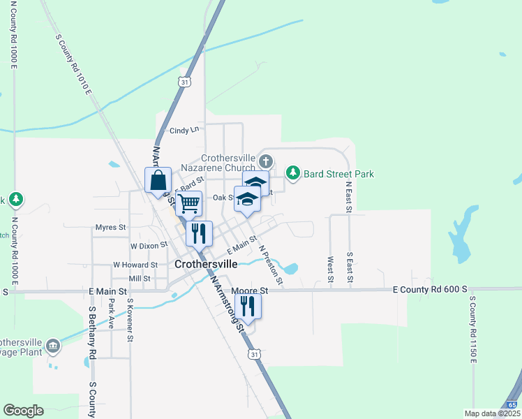 map of restaurants, bars, coffee shops, grocery stores, and more near 109 South Preston Street in Crothersville