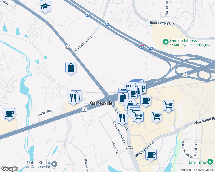 map of restaurants, bars, coffee shops, grocery stores, and more near 14141 Dave's Store Lane in Gainesville