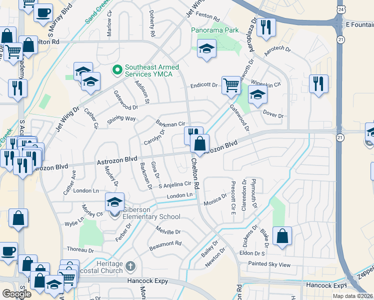map of restaurants, bars, coffee shops, grocery stores, and more near 4531 Lamplighter Circle in Colorado Springs