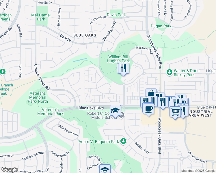 map of restaurants, bars, coffee shops, grocery stores, and more near 1610 Eskaton Loop in Roseville