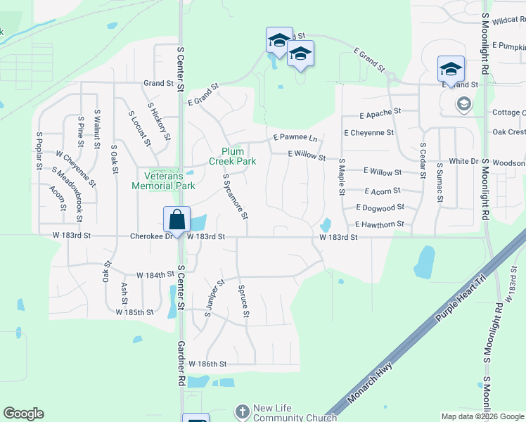 map of restaurants, bars, coffee shops, grocery stores, and more near 861 South Sycamore Street in Gardner