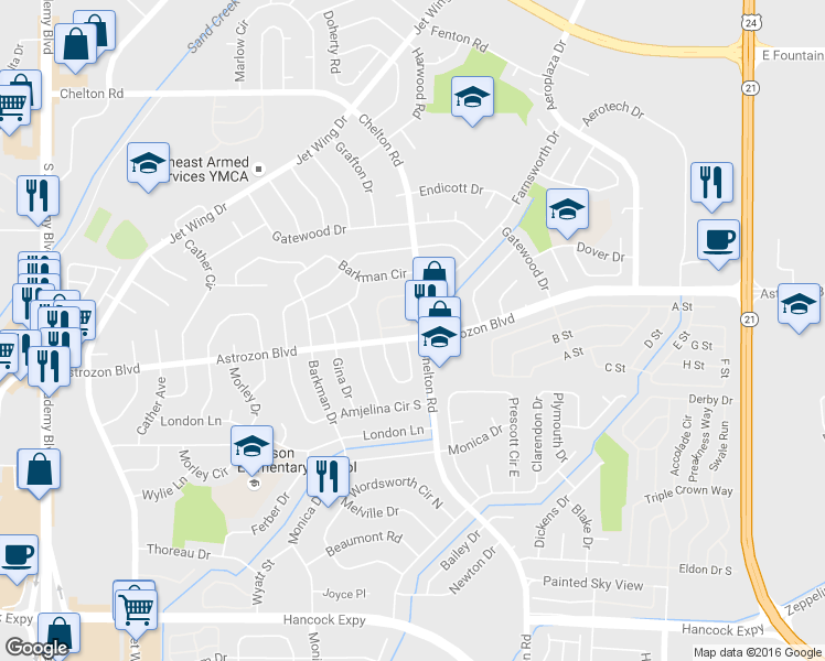 map of restaurants, bars, coffee shops, grocery stores, and more near 4531 Lamplighter Circle in Colorado Springs