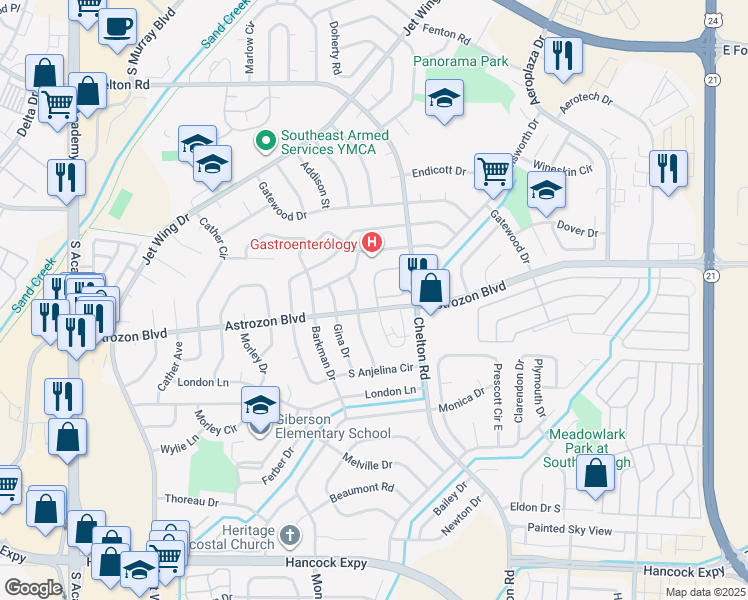 map of restaurants, bars, coffee shops, grocery stores, and more near 2455 Nadine Drive in Colorado Springs