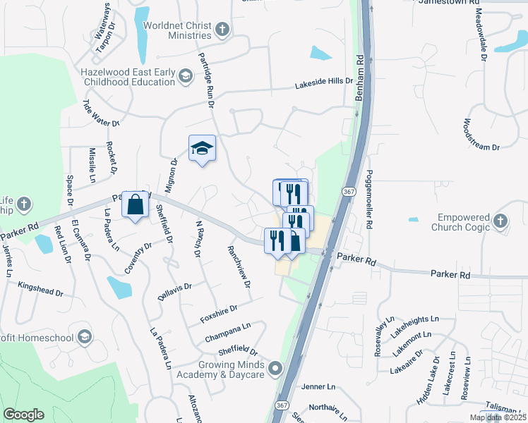 map of restaurants, bars, coffee shops, grocery stores, and more near 6678 Chesapeake Drive in Florissant