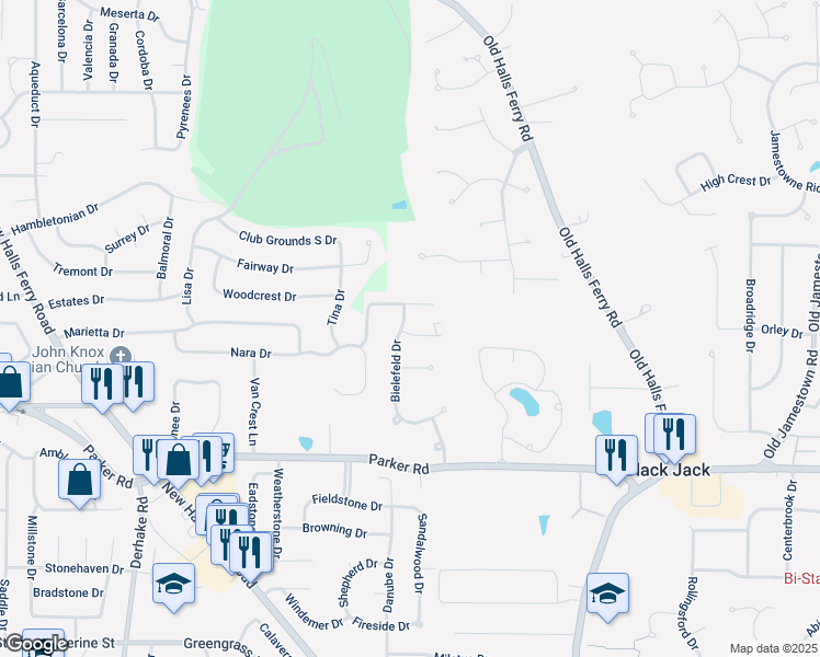 map of restaurants, bars, coffee shops, grocery stores, and more near 1 Wild Ridge Manor Court in Florissant