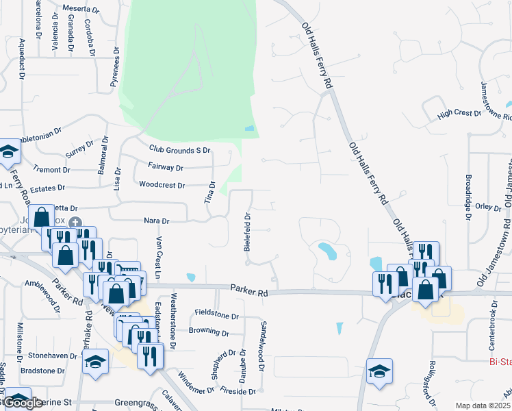map of restaurants, bars, coffee shops, grocery stores, and more near 1 Wild Ridge Manor Court in Florissant