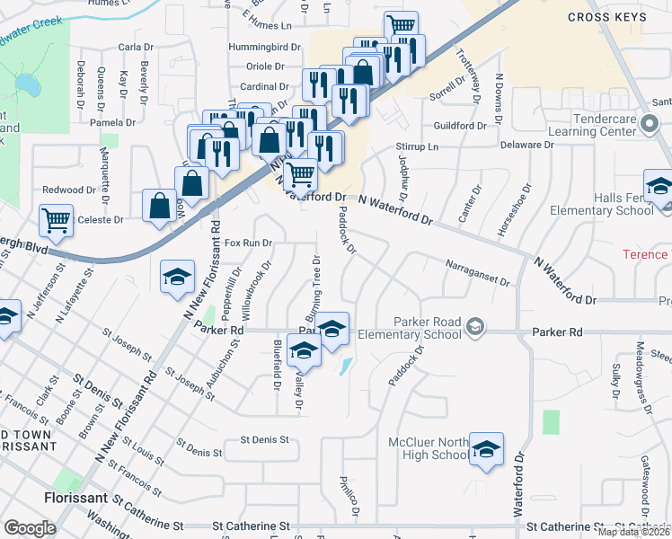 map of restaurants, bars, coffee shops, grocery stores, and more near 1420 Burning Tree Drive in Florissant