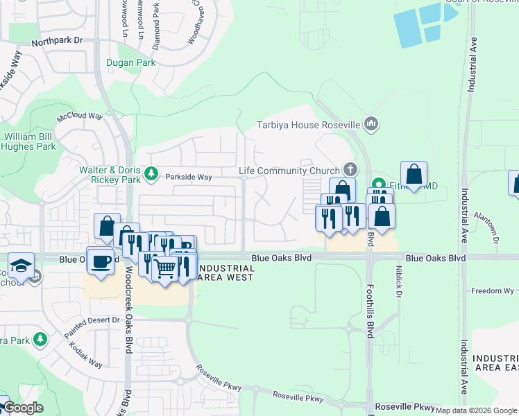 map of restaurants, bars, coffee shops, grocery stores, and more near 1324 Mallard Creek Drive in Roseville