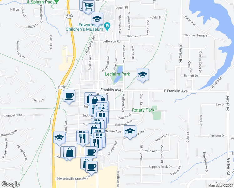 map of restaurants, bars, coffee shops, grocery stores, and more near 1210 Emerson Avenue in Edwardsville