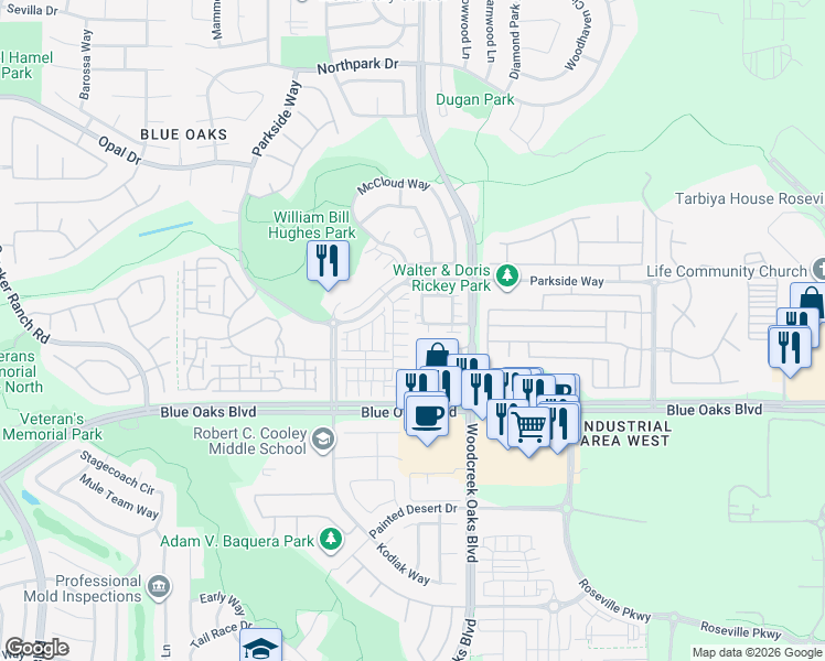 map of restaurants, bars, coffee shops, grocery stores, and more near 1280 Impressionist Loop in Roseville