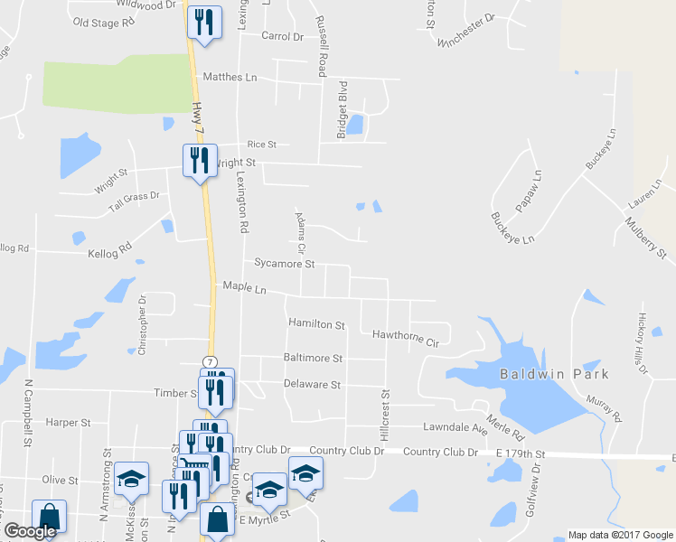 map of restaurants, bars, coffee shops, grocery stores, and more near 1308 Sycamore Street in Pleasant Hill