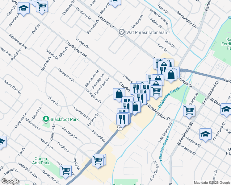 map of restaurants, bars, coffee shops, grocery stores, and more near 617 Rosetta Drive in Florissant