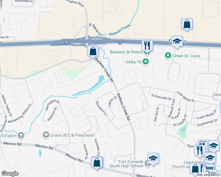 map of restaurants, bars, coffee shops, grocery stores, and more near 1321 Snowbird Lane in O'Fallon