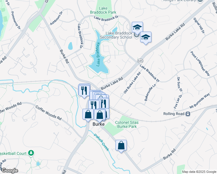 map of restaurants, bars, coffee shops, grocery stores, and more near 5696 Gaines Street in Burke