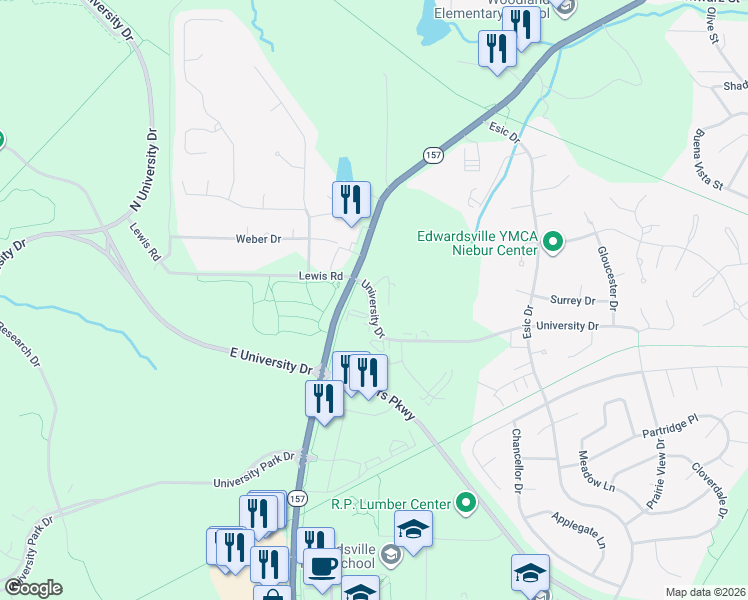 map of restaurants, bars, coffee shops, grocery stores, and more near 1 East University Drive in Edwardsville
