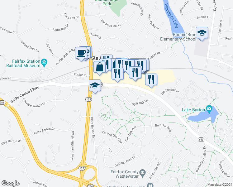 map of restaurants, bars, coffee shops, grocery stores, and more near 10871 Oak Green Court in Burke