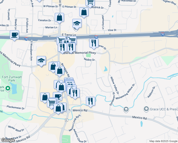 map of restaurants, bars, coffee shops, grocery stores, and more near 9 Jennifers Glen in O'Fallon