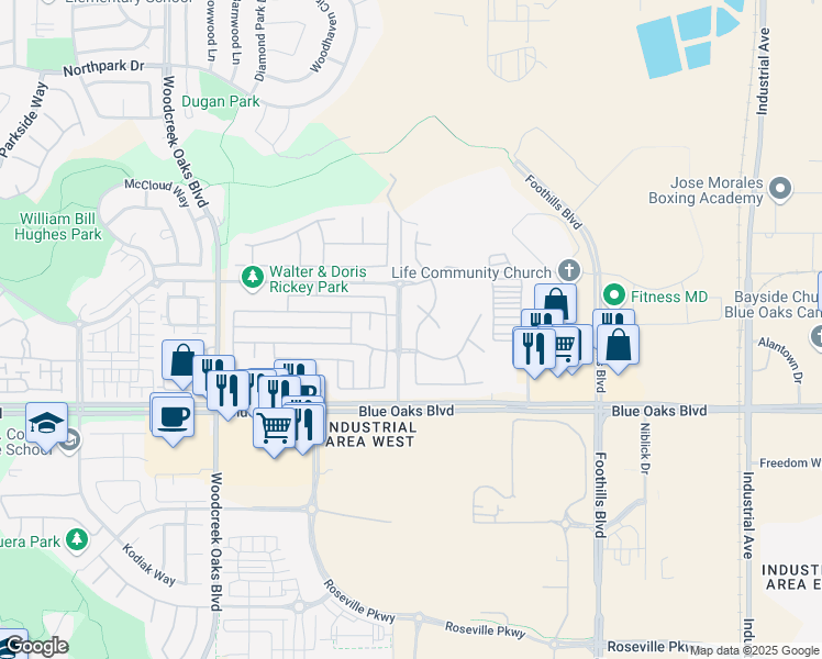 map of restaurants, bars, coffee shops, grocery stores, and more near 1325 Mallard Creek Drive in Roseville