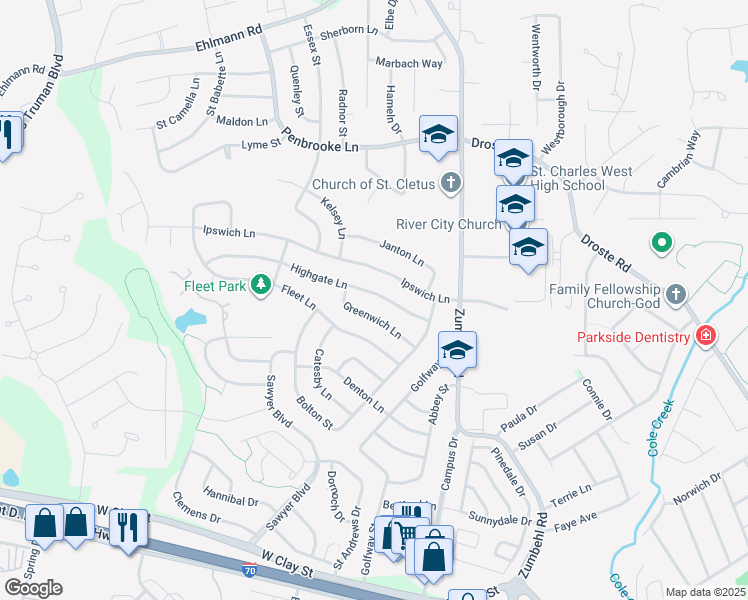 map of restaurants, bars, coffee shops, grocery stores, and more near 3229 Highgate Lane in Saint Charles
