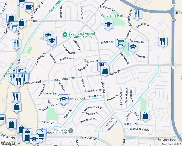 map of restaurants, bars, coffee shops, grocery stores, and more near 2315 Lexington Village Lane in Colorado Springs