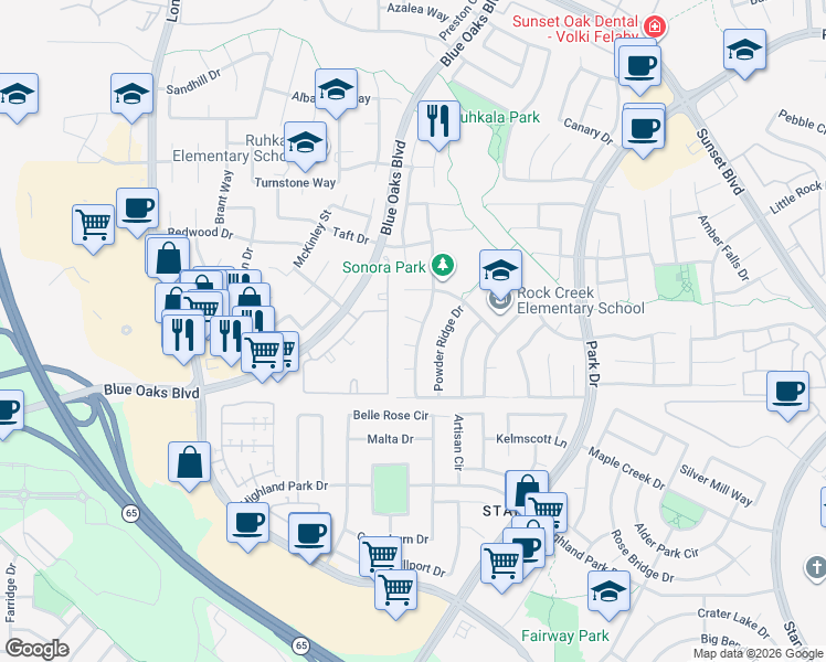 map of restaurants, bars, coffee shops, grocery stores, and more near 6421 Sonora Pass Way in Rocklin