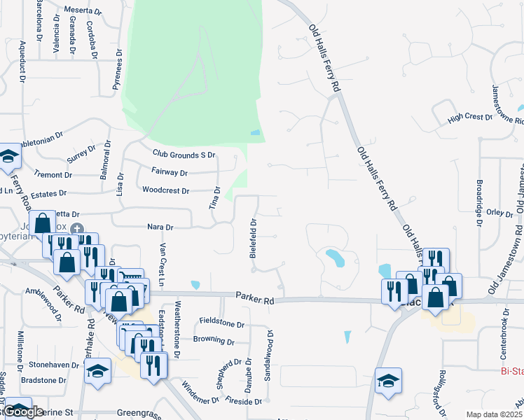 map of restaurants, bars, coffee shops, grocery stores, and more near 1 Wild Ridge Manor Court in Florissant