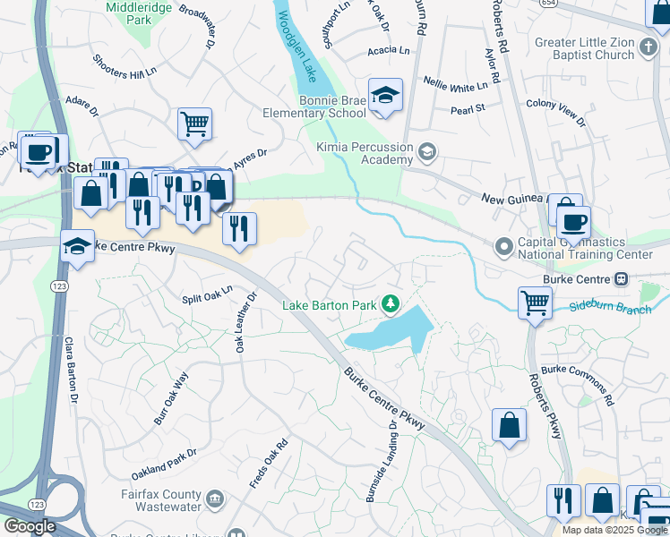 map of restaurants, bars, coffee shops, grocery stores, and more near 10655 Oak Thrush Court in Burke