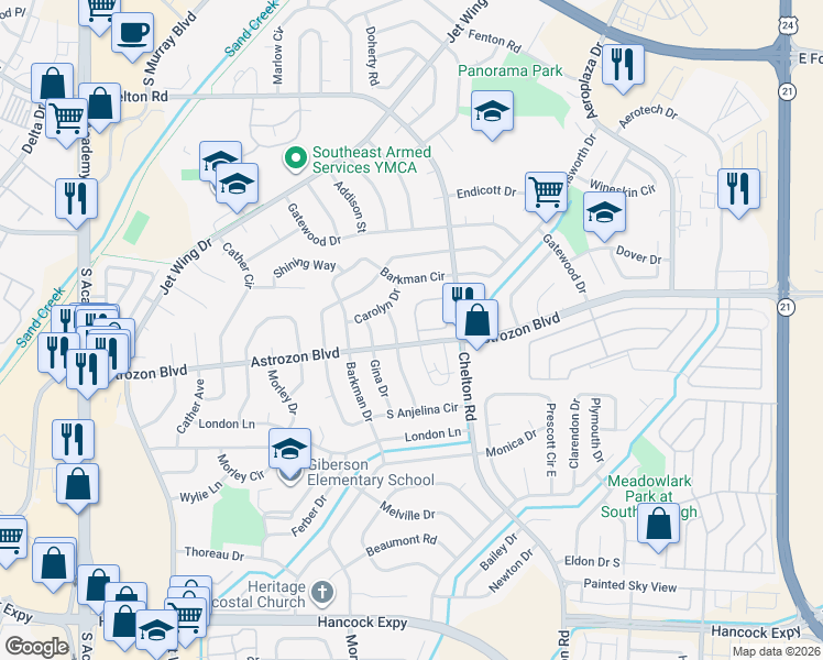 map of restaurants, bars, coffee shops, grocery stores, and more near 2455 Nadine Drive in Colorado Springs