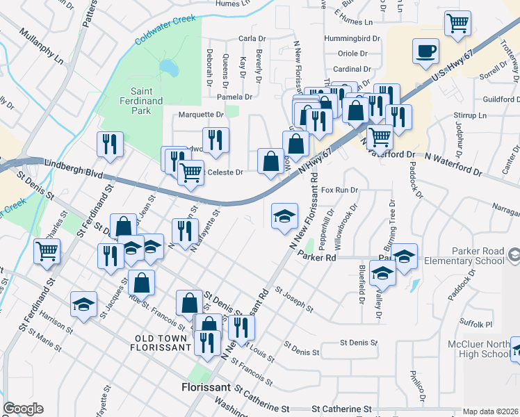 map of restaurants, bars, coffee shops, grocery stores, and more near 14 Brightwell Court in Florissant