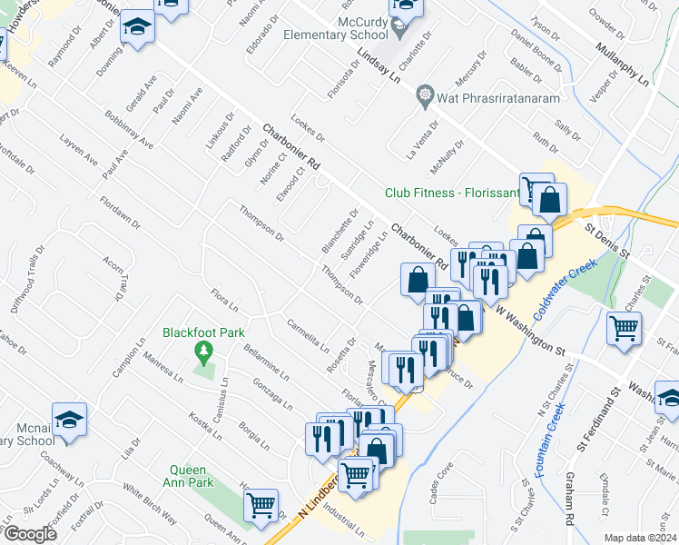map of restaurants, bars, coffee shops, grocery stores, and more near 878 Thompson Drive in Florissant