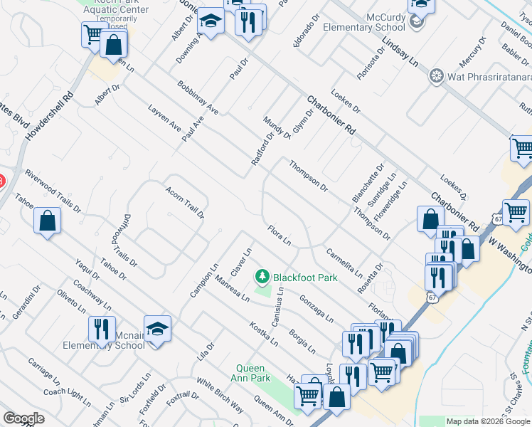 map of restaurants, bars, coffee shops, grocery stores, and more near 1100 Flordawn Drive in Florissant