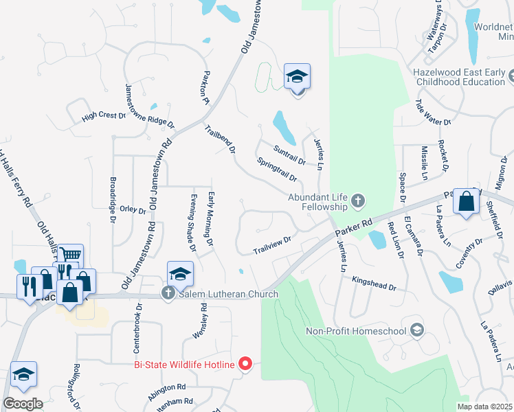 map of restaurants, bars, coffee shops, grocery stores, and more near 5238 Trailoaks Drive in Florissant