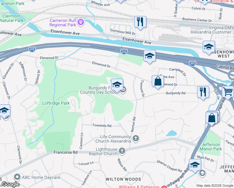map of restaurants, bars, coffee shops, grocery stores, and more near 3700 Burgundy Road in Alexandria